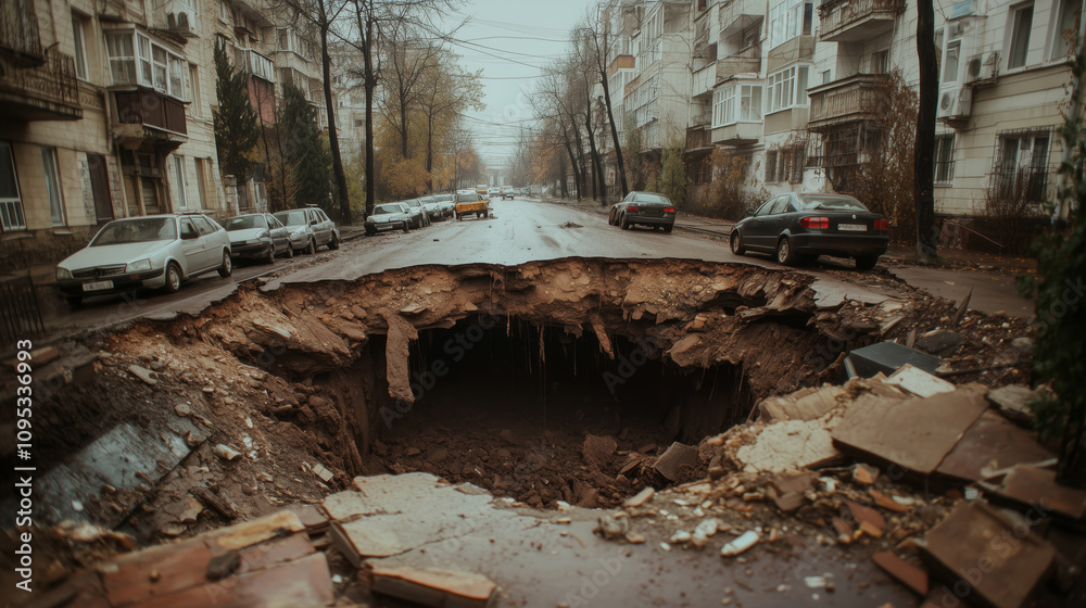 Massive sinkhole disrupts urban street amidst overcast weather, highlighting infrastructure challenges Massive sinkhole disrupts urban street amidst overcast weather, highlighting infrastructure challenges