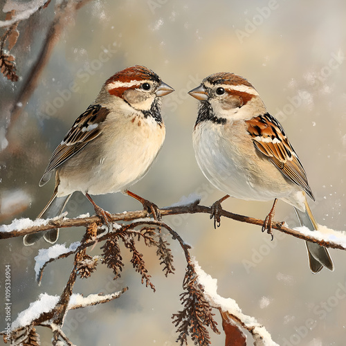 American Tree Sparrow is a small. plump sparrow that frequents weedy fields and brushy areas. photo