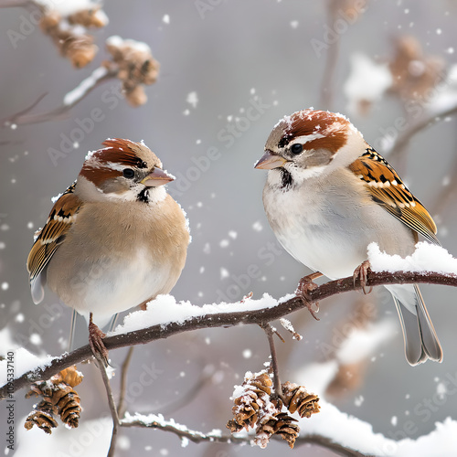 American Tree Sparrow is a small. plump sparrow that frequents weedy fields and brushy areas. photo