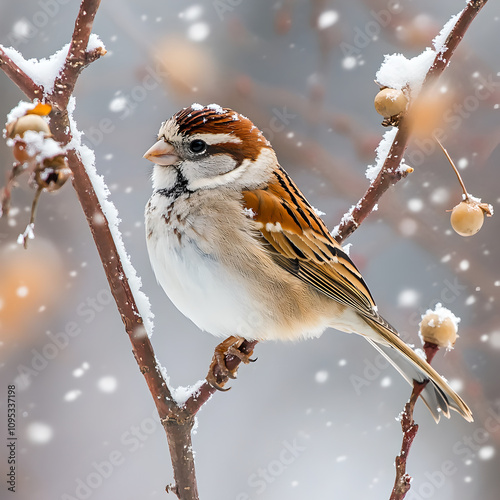 American Tree Sparrow is a small. plump sparrow that frequents weedy fields and brushy areas. photo