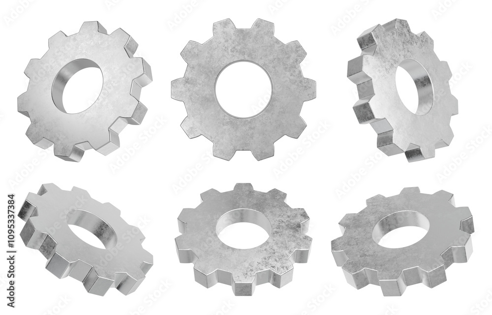 Realistic gears set. Isolated cogwheels. 3D rendering. Realistic gears set. Isolated cogwheels. 3D rendering.