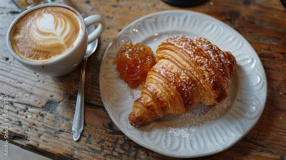 Croissant with mulberry jelly and a cappuccino Croissant with mulberry jelly and a cappuccino