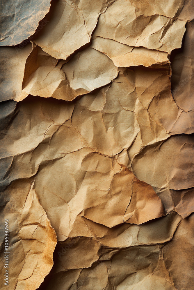 A detailed close-up of crumpled brown paper texture, showcasing a vintage and chaotic feel, perfect for backgrounds, design projects, or creative compositions. A detailed close-up of crumpled brown paper texture, showcasing a vintage and chaotic feel, perfect for backgrounds, design projects, or creative compositions.