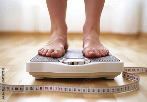 Person standing on a bathroom scale next to a measuring tape in a simple setting