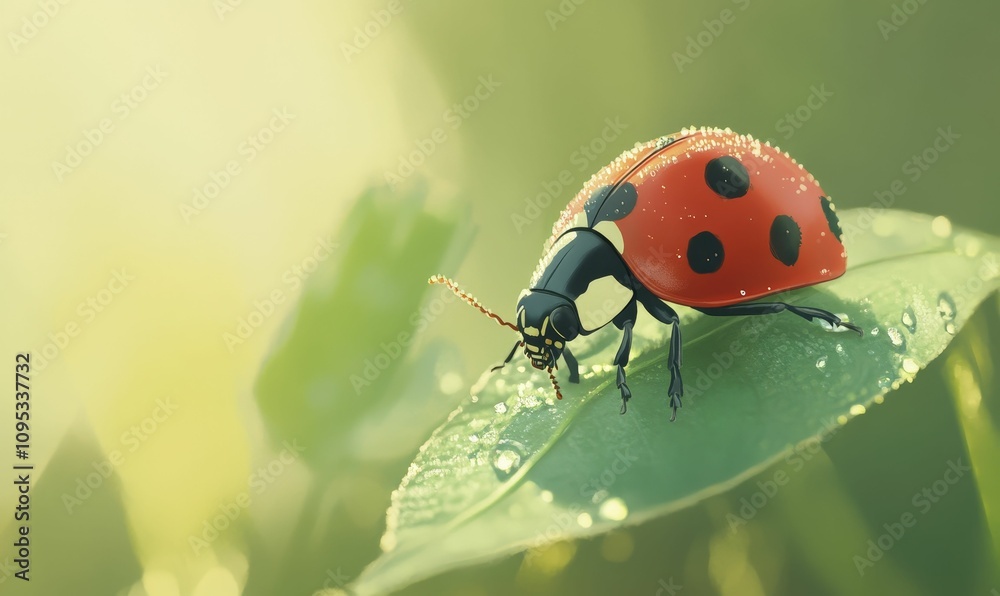 Obraz premium Ladybug on dewy leaf, sunlight, nature.