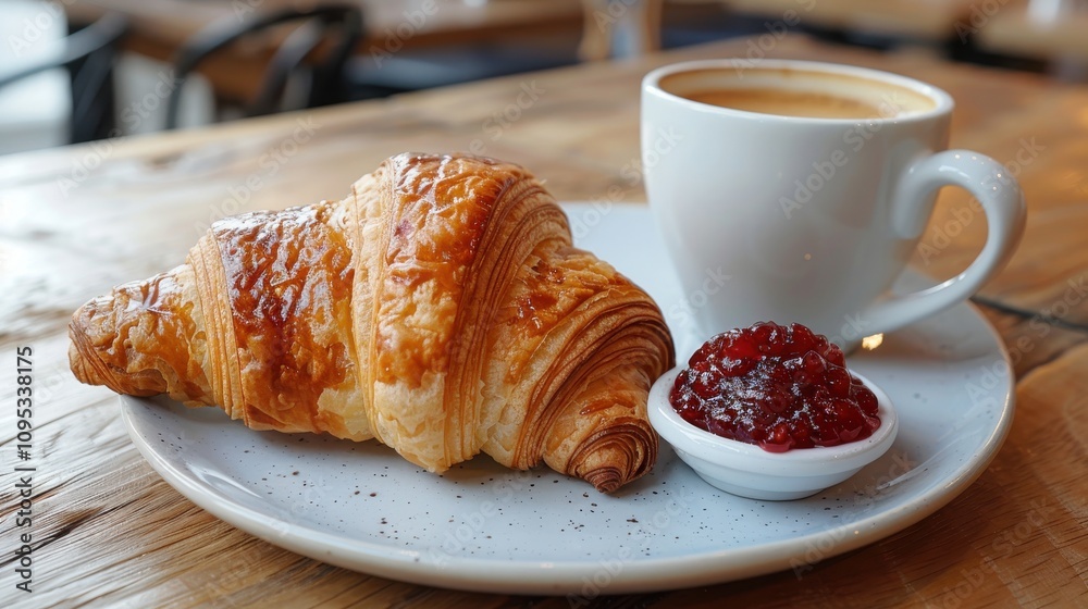 Croissant with mulberry jelly and a cappuccino Croissant with mulberry jelly and a cappuccino