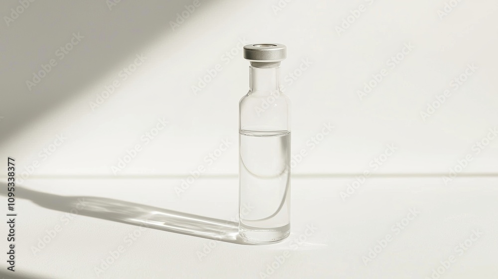Minimalistic close-up of a transparent glass vial containing clear liquid, upright on a sterile white surface with soft shadows and reflections, emphasizing precision and simplicity. Minimalistic close-up of a transparent glass vial containing clear liquid, upright on a sterile white surface with soft shadows and reflections, emphasizing precision and simplicity.