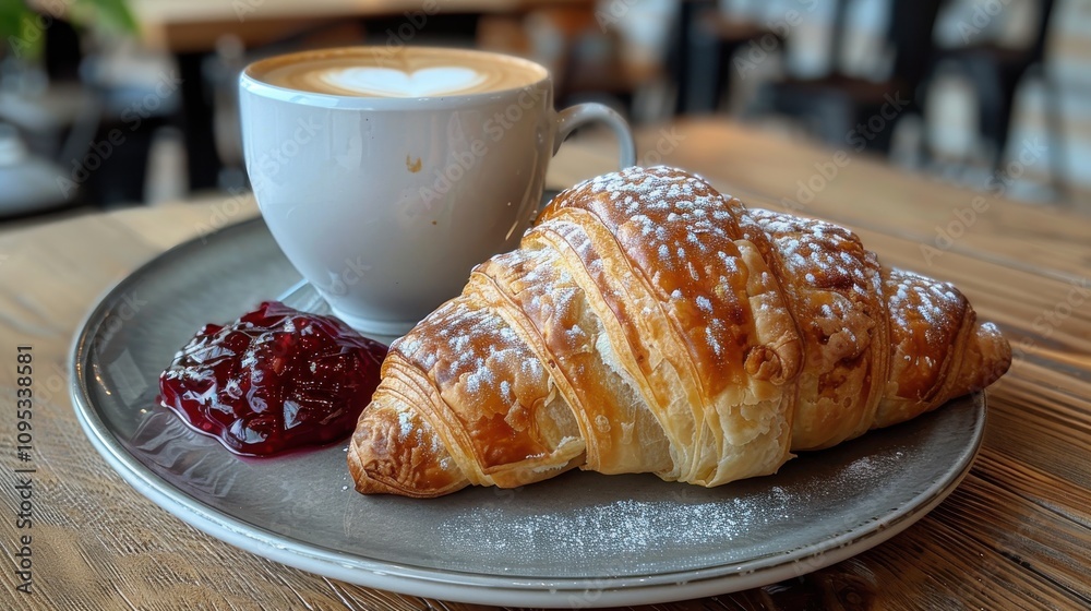 Croissant with mulberry jelly and a cappuccino Croissant with mulberry jelly and a cappuccino