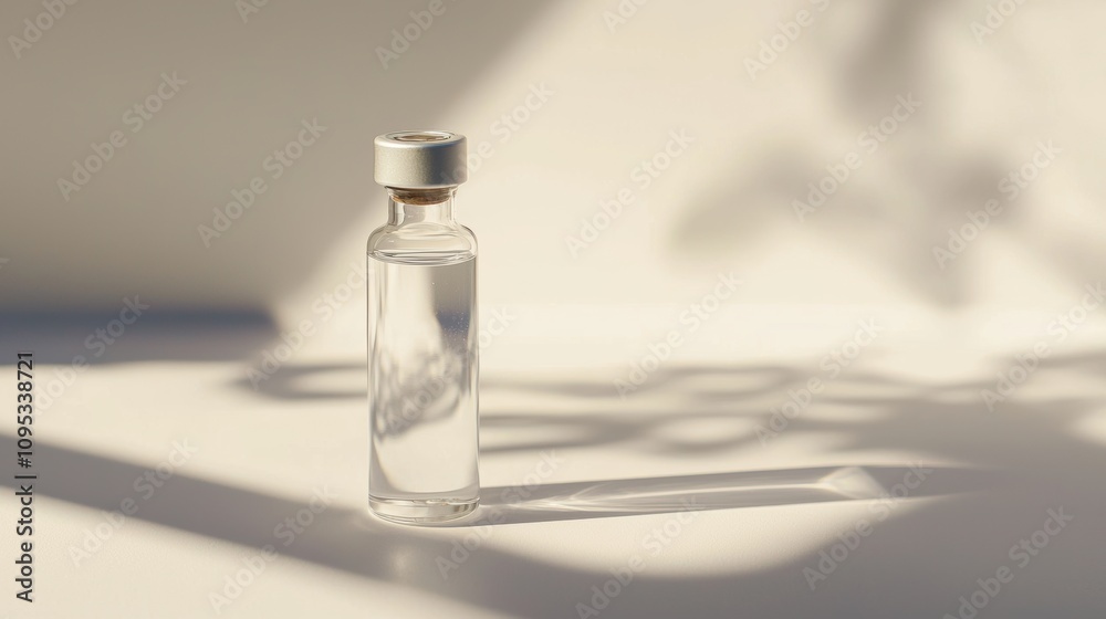 Minimalistic close-up of a transparent glass vial containing clear liquid, upright on a sterile white surface with soft shadows and reflections, emphasizing precision and simplicity. Minimalistic close-up of a transparent glass vial containing clear liquid, upright on a sterile white surface with soft shadows and reflections, emphasizing precision and simplicity.