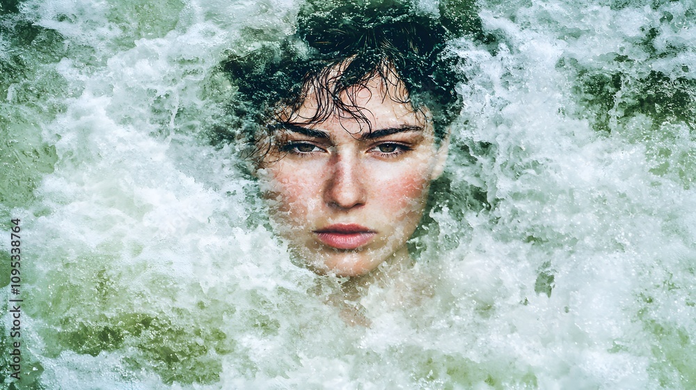 Fototapeta premium A woman's face, serene and focused, superimposed over a roaring waterfall. Double Exposure. [Women]:[Strength].Keywords: Mindfulness, inner strength, nature, water, face, double exposure. 