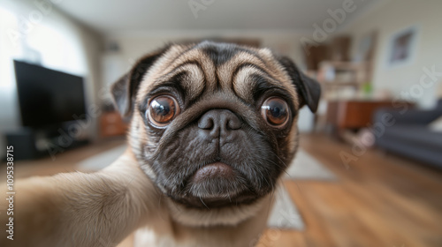 Adorable pug taking a selfie in a cozy living room setting photo