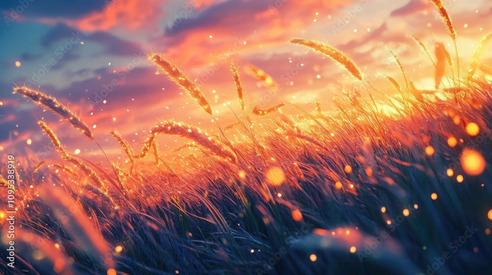 A vibrant sunset over a field of grass, with glowing particles in the air. A vibrant sunset over a field of grass, with glowing particles in the air.