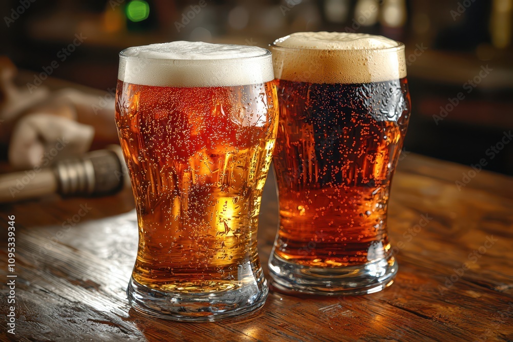 Two glasses, one of golden light beer and one of dark beer, sit sharply focused amid the soft blur of a pub ambiance. Two glasses, one of golden light beer and one of dark beer, sit sharply focused amid the soft blur of a pub ambiance.
