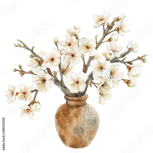 A watercolor vector of Apricot Blossom in a vase, isolated on a white background. Apricot Blossom vector.