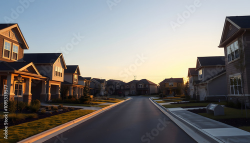 A street view of a new construction neighborhood with larger landscaped homes and houses with yards and sidewalks taken near sunset with copy space isolated highlighted by white, png photo