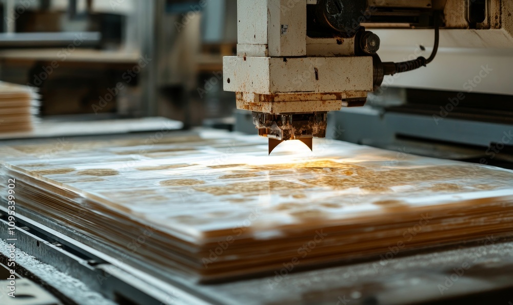 Industrial machine cutting stacked acrylic sheets. Industrial machine cutting stacked acrylic sheets.