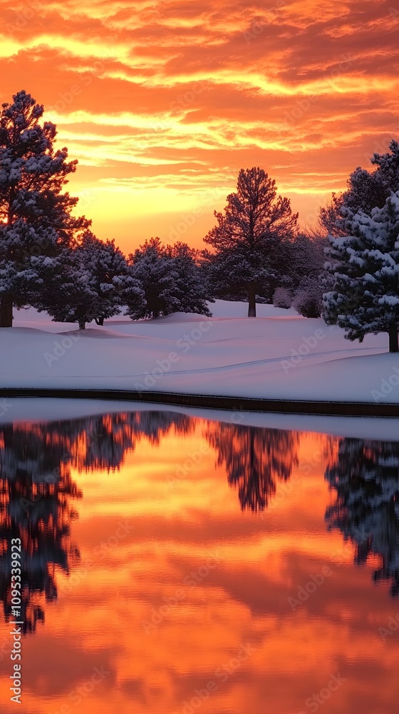 Fototapeta premium A beautiful orange and red sunset over a snow-covered golf course with trees in the background