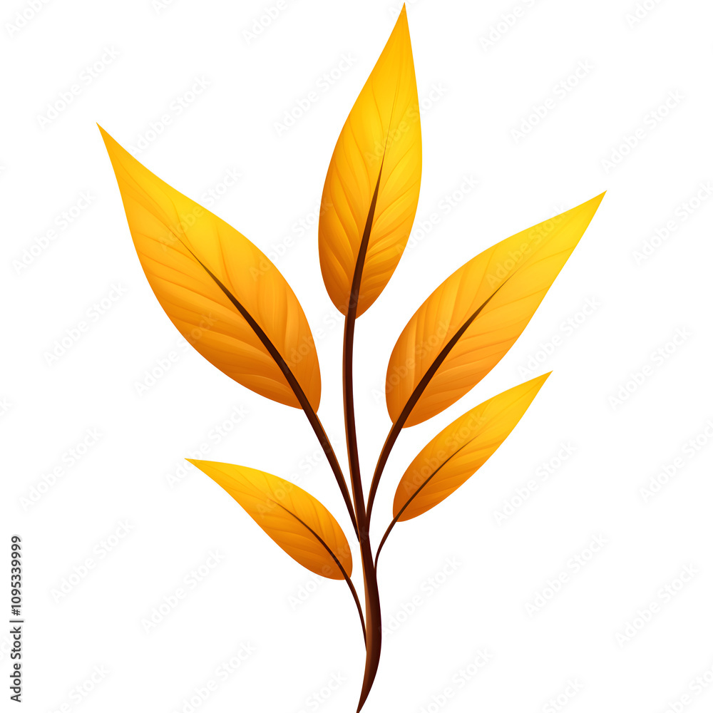 Colorful autumn foliage showcasing bright yellow leaves on a slender branch against a white background Colorful autumn foliage showcasing bright yellow leaves on a slender branch against a white background