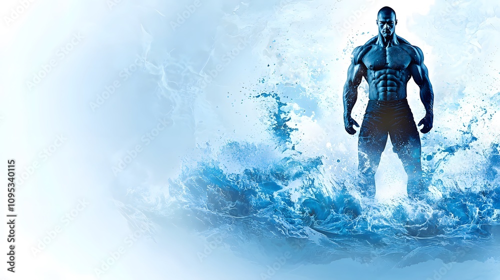 Naklejka premium A strong man standing against a backdrop of crashing waves, his figure blended with the sea, symbolizing resilience and the ability to face challenges head-on.Double Exposure.[men]:[Strength] 