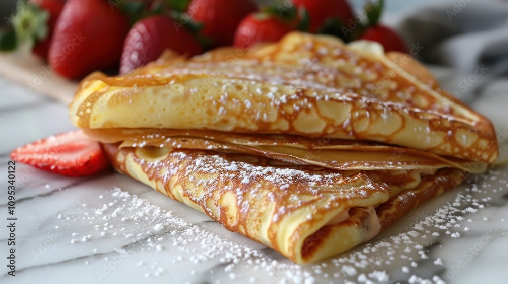 Divine crepes layered with smooth cream cheese, sprinkled with vibrant strawberries on a chic marble backdrop Divine crepes layered with smooth cream cheese, sprinkled with vibrant strawberries on a chic marble backdrop
