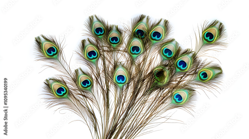Naklejka premium Bunch of peacock feathers for decoration isolated on white