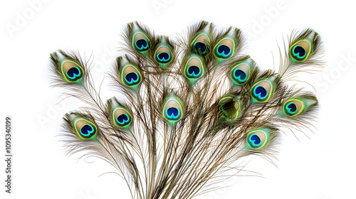 Bunch of peacock feathers for decoration isolated on white