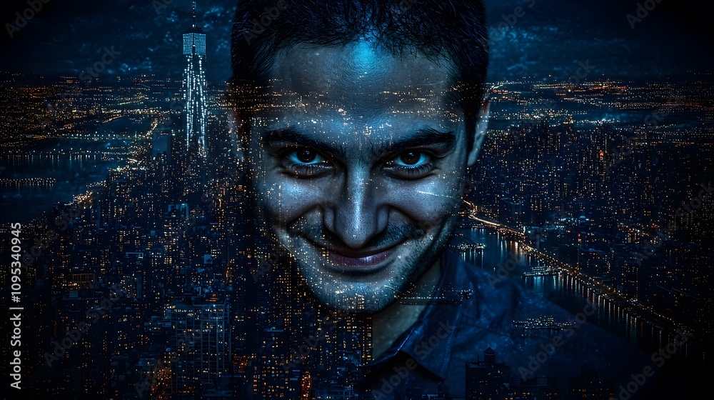 A man's face, smiling confidently, superimposed over a cityscape at night. Double Exposure.[men]:[Strength] .Keywords: Success, confidence, city, night, face, double exposure. 