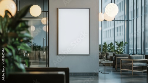 Premium Waiting Lounge Entrance at a Bus Station: Elegant Vertical Poster Mockup, Frosted Glass Partitions, and Designer Furniture in Warm Neutrals. High-End Interior Photography. photo