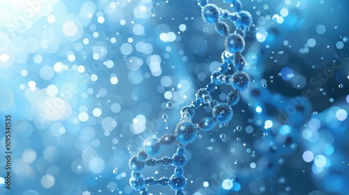 Elegant blue DNA double helix spiral surrounded by light bokeh and bubbles, creating a mesmerizing blue scene