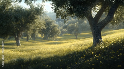 A serene landscape featuring lush green fields and trees under soft sunlight.