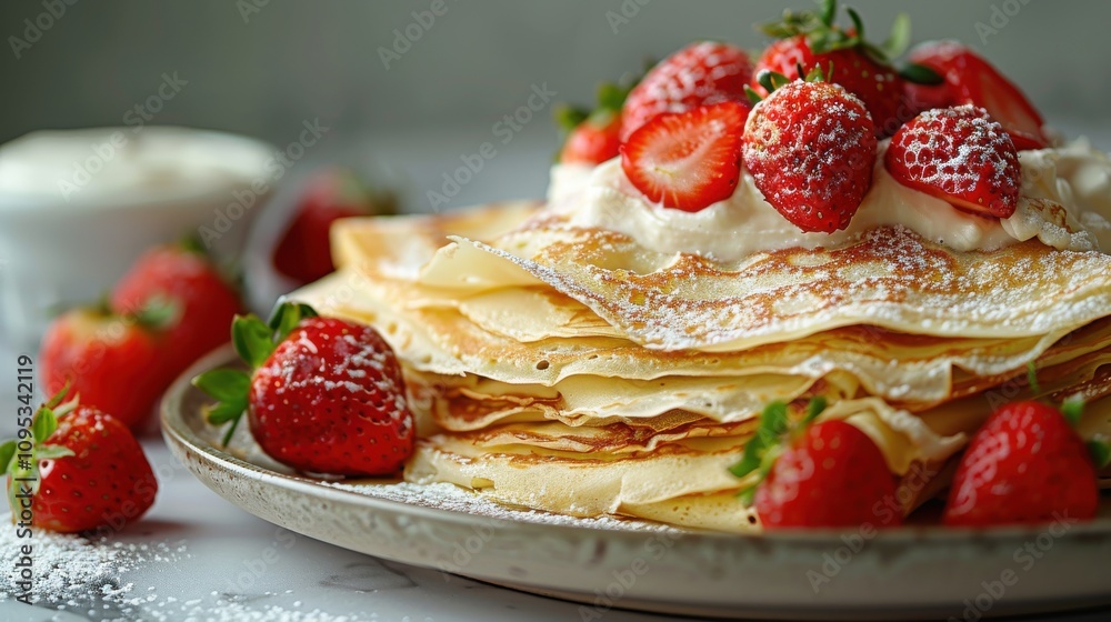 Divine crepes layered with smooth cream cheese, sprinkled with vibrant strawberries on a chic marble backdrop Divine crepes layered with smooth cream cheese, sprinkled with vibrant strawberries on a chic marble backdrop