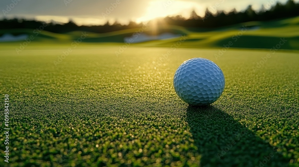 A golf ball sits on lush green grass as the sun sets in the background. The serene golf course offers a peaceful ambiance, highlighting the end of a perfect day for golfers A golf ball sits on lush green grass as the sun sets in the background. The serene golf course offers a peaceful ambiance, highlighting the end of a perfect day for golfers