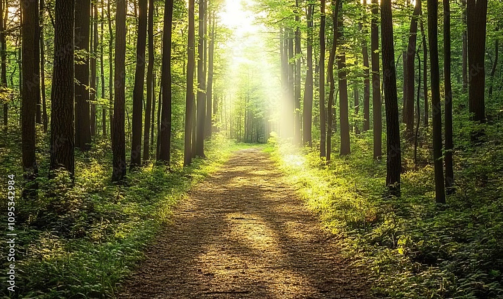 Naklejka premium Sunlit path through lush green forest.