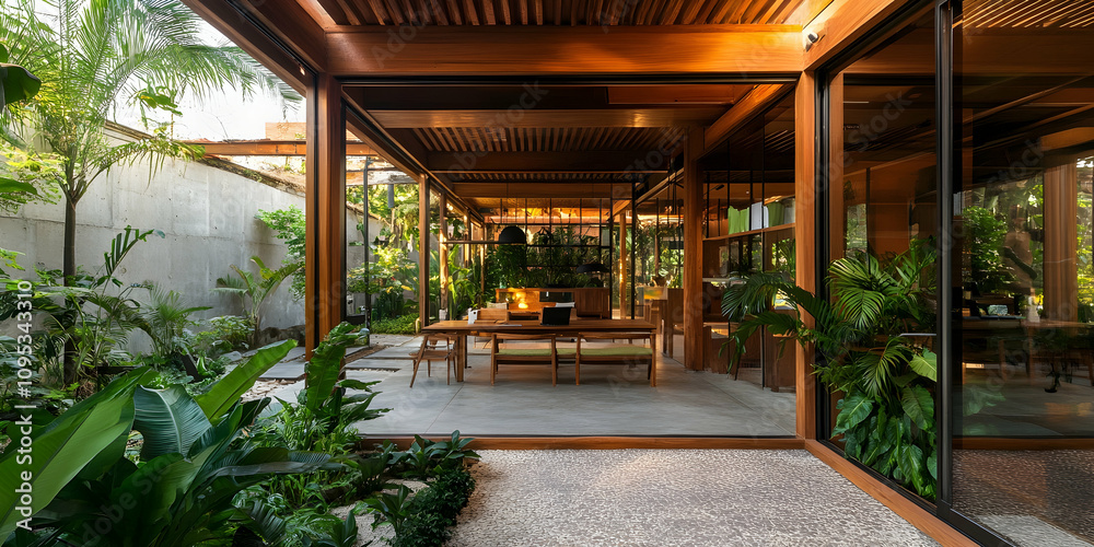 Tropical co-working space featuring open-air design and serene surroundings Tropical co-working space featuring open-air design and serene surroundings