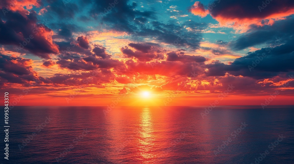 Vibrant sunset over calm ocean. Vibrant sunset over calm ocean.