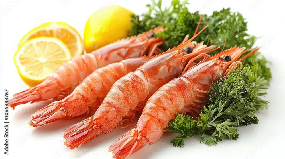 Brightly colored shrimp are arranged alongside fresh lemon slices and vibrant green herbs, showcasing a delicious seafood option ideal for any culinary dish Brightly colored shrimp are arranged alongside fresh lemon slices and vibrant green herbs, showcasing a delicious seafood option ideal for any culinary dish