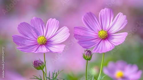 Two pink cosmos flowers stand out in a colorful garden filled with blossoms. Delicate petals curve gracefully towards the sunlight, signaling the arrival of spring