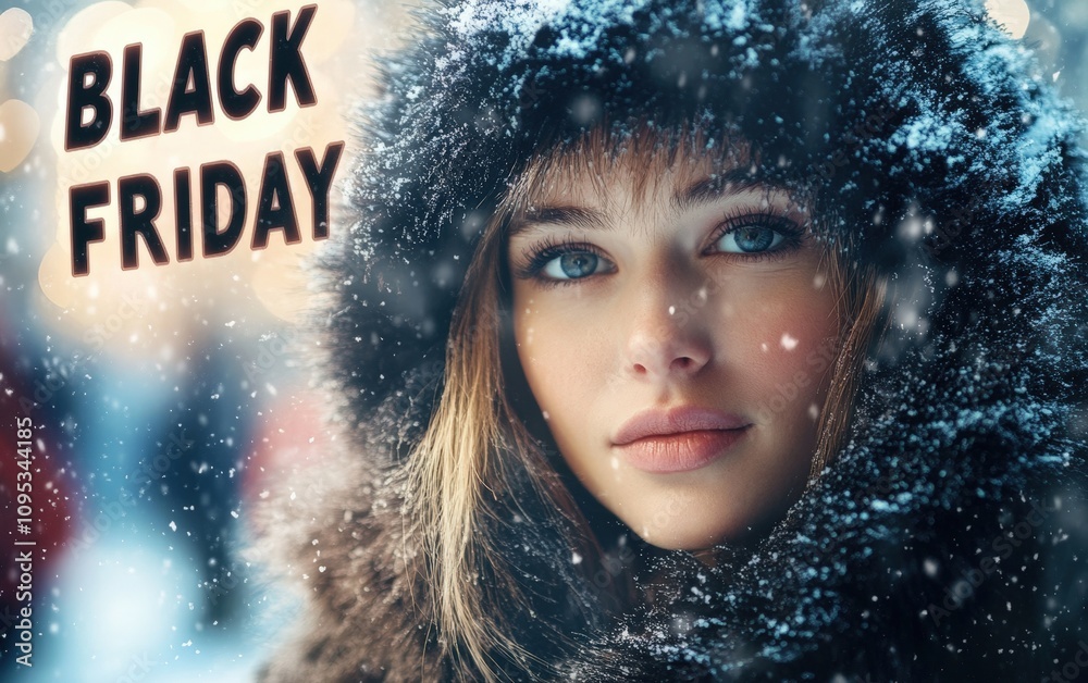 Woman in Snow with Black Friday Text A close-up of a woman in a furry hooded coat, her breath visible in the cold air, with Woman in Snow with Black Friday Text A close-up of a woman in a furry hooded coat, her breath visible in the cold air, with