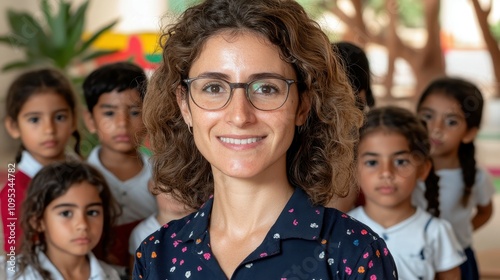 A dedicated educator smiles warmly, surrounded by children in a colorful classroom setting during an afternoon activity, fostering a joyful atmosphere for learning and play