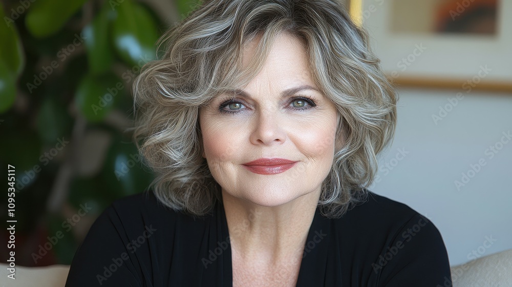 Fototapeta premium A woman with voluminous gray hair sits comfortably in a cozy indoor setting. She has a warm smile and a confident expression, surrounded by greenery and soft decor elements