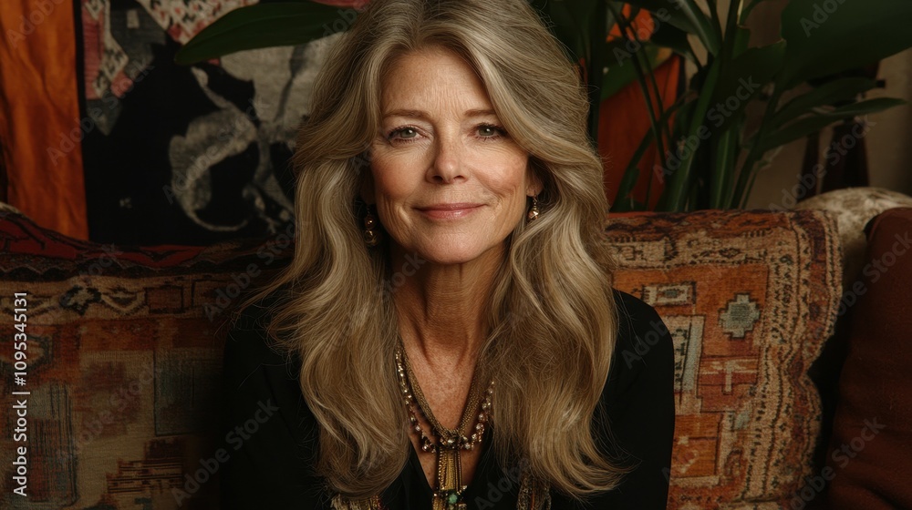 A woman with long, flowing hair and subtle makeup sits comfortably in a warm, inviting indoor space. She exudes confidence, surrounded by lush greenery and vibrant textiles A woman with long, flowing hair and subtle makeup sits comfortably in a warm, inviting indoor space. She exudes confidence, surrounded by lush greenery and vibrant textiles