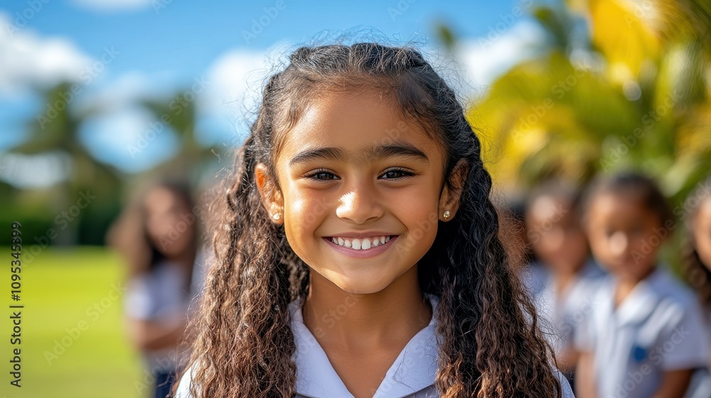 A young girl with curly hair smiles brightly, standing in front of her friends in a park. They wear school uniforms and enjoy a sunny day surrounded by greenery A young girl with curly hair smiles brightly, standing in front of her friends in a park. They wear school uniforms and enjoy a sunny day surrounded by greenery