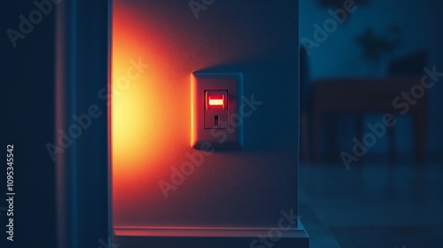 Glowing nightlight switch on wall in dark room.