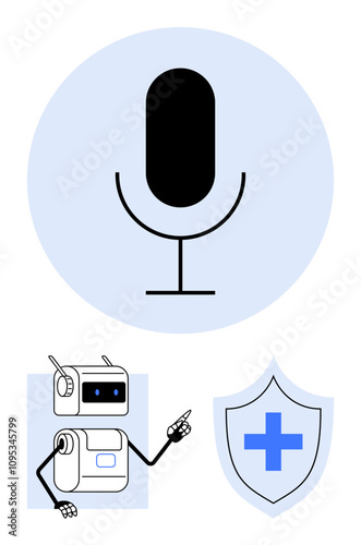 Black microphone white robot with blue features pointing, shield with blue medical cross. Ideal for healthcare, technology, communication, AI, medical innovation, digital interfaces, security. Line