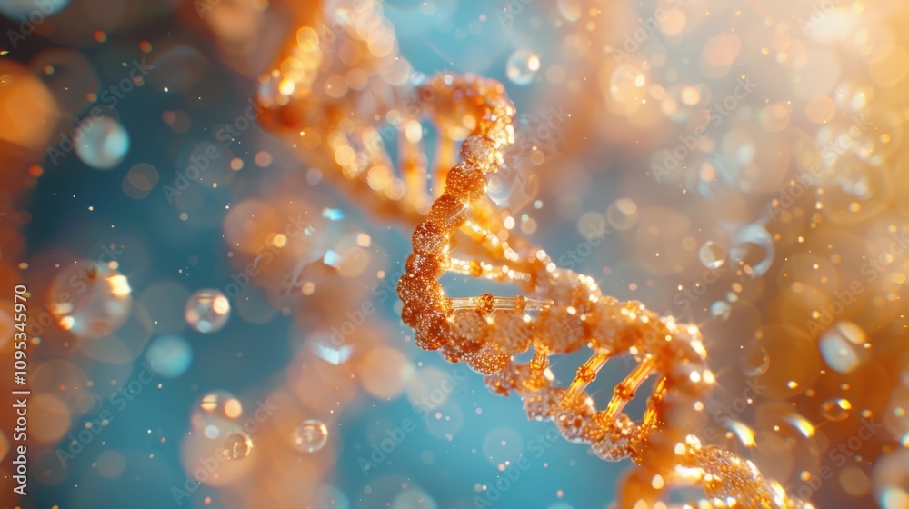 Elegant orange DNA double helix spiral surrounded by light bokeh and bubbles, creating a mesmerizing blue scene