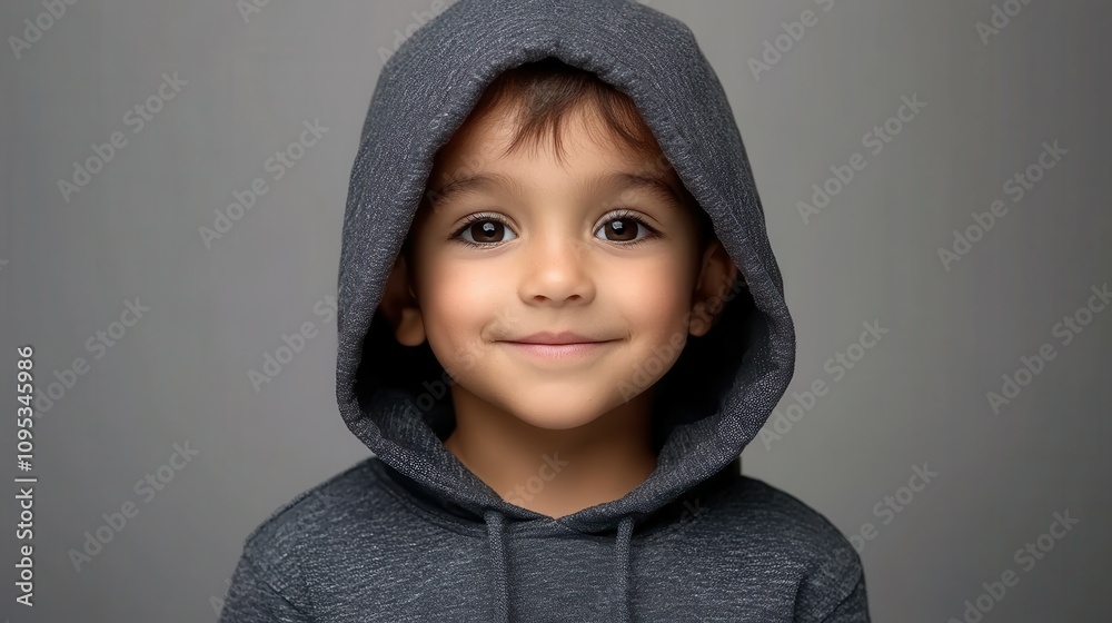 A cheerful young boy with bright eyes and a friendly smile is dressed in a gray hoodie. He is posed against a simple, neutral backdrop, radiating happiness A cheerful young boy with bright eyes and a friendly smile is dressed in a gray hoodie. He is posed against a simple, neutral backdrop, radiating happiness