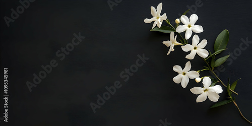 Jasmine branch with white flowers on a black background for minimalist floral aesthetic. high quality image