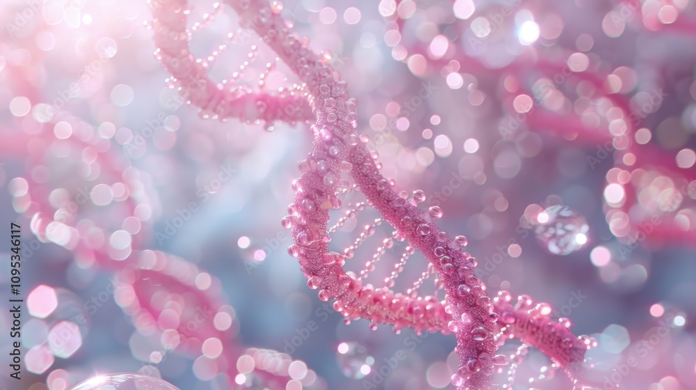 Elegant pink DNA double helix spiral surrounded by light bokeh and bubbles, creating a mesmerizing blue scene Elegant pink DNA double helix spiral surrounded by light bokeh and bubbles, creating a mesmerizing blue scene