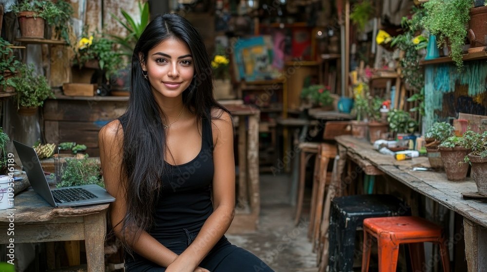 A woman sits at a rustic wooden table in a lush workshop filled with plants. She has long hair and works on a laptop, surrounded by greenery and creative decor A woman sits at a rustic wooden table in a lush workshop filled with plants. She has long hair and works on a laptop, surrounded by greenery and creative decor