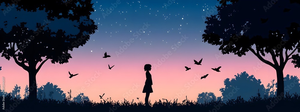 Obraz premium A girl stands under the sky, with birds flying in front of her and trees on both sides